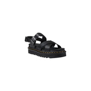 Dr. Martens black leather platform sandals with yellow stitching