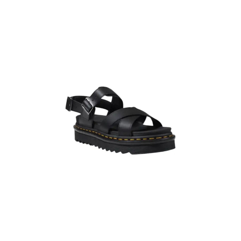 Dr. Martens black leather platform sandals with yellow stitching