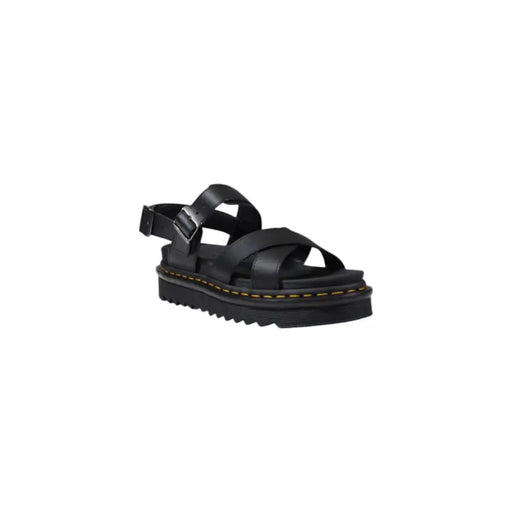 Dr. Martens black leather platform sandals with yellow stitching