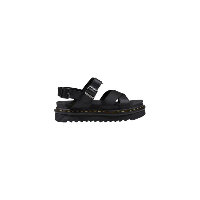 Dr martens women black leather sandals with a thick textured platform sole and silver toned buckle straps