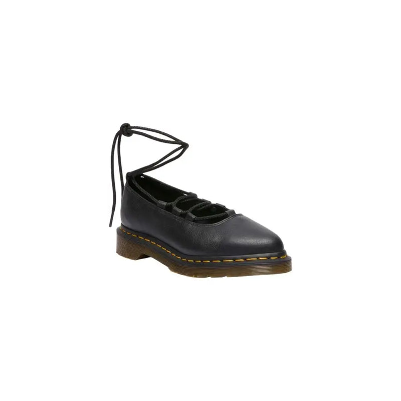 Dr. Martens womens black leather lace-up Mary Jane shoe with brown sole and yellow stitching