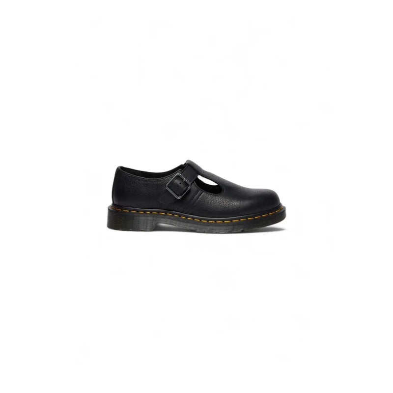 Black leather slip on shoes for women by dr martens shown from the back side