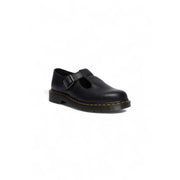 Black leather slip on shoes for women by dr martens shown from the back side highlighting their sleek design