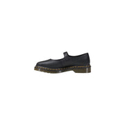 Dr Martens women black leather mary jane slip on shoe with classic design and yellow stitching along the sole