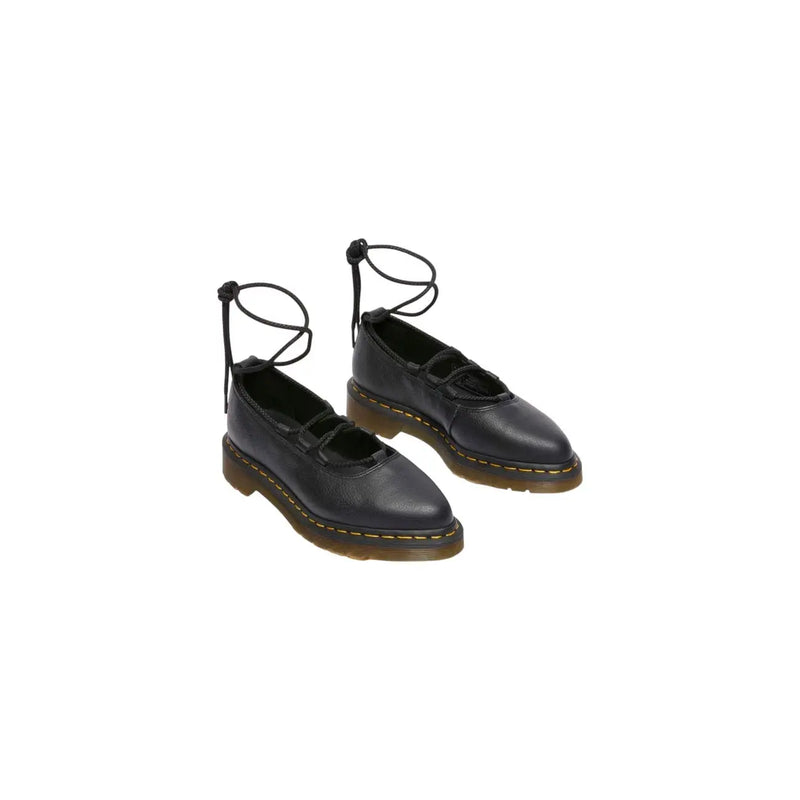 Dr Martens women black leather slip on mary jane shoes with lace up ankle straps and yellow stitched sole