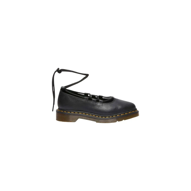 Dr Martens women black leather slip on mary jane shoe with lace up ankle strap and yellow sole stitching
