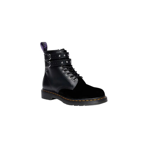 Bottes Dr. Martens pour femme en cuir noir et velours avec fermeture éclair, vues de l'arrière mettant en valeur les détails du design