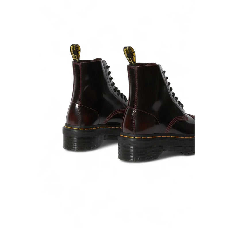 Dark burgundy patent leather Dr Martens women Bordeaux leather platform boots showing the backside view