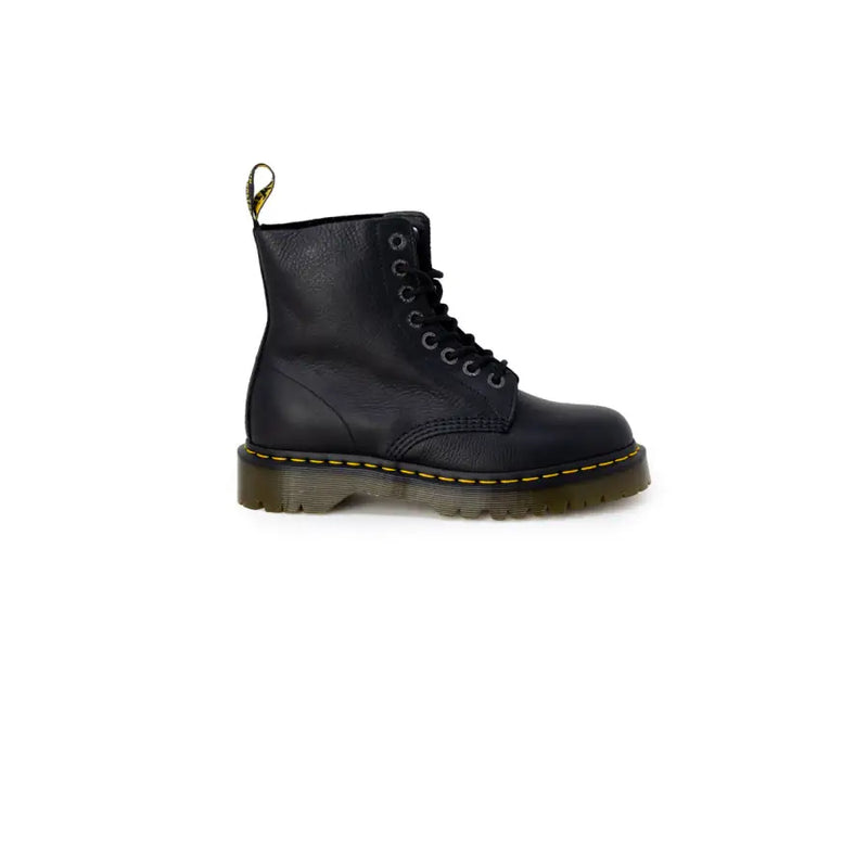 Black leather dr martens women ankle boots shown from the back highlighting durable material and design