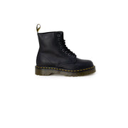 Black leather ankle boots for women by dr martens shown from the back side displaying sturdy sole and pull tab