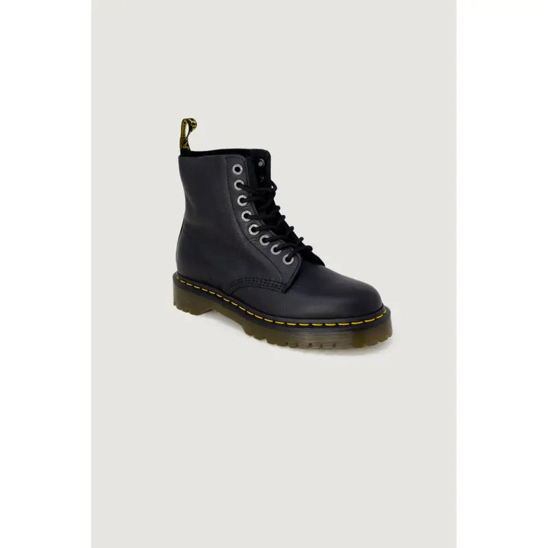 Black leather dr martens women ankle boots shown from the back side highlighting the durable material and design