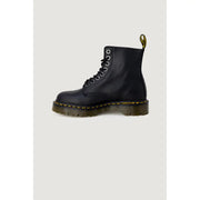 Black leather ankle boots for women by dr martens showing the back side with durable stitching and pull tab