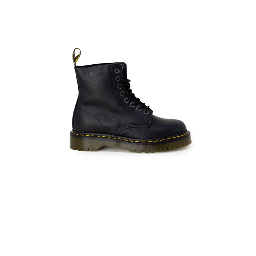 Black leather dr martens women ankle boots shown from the back highlighting durable material and design
