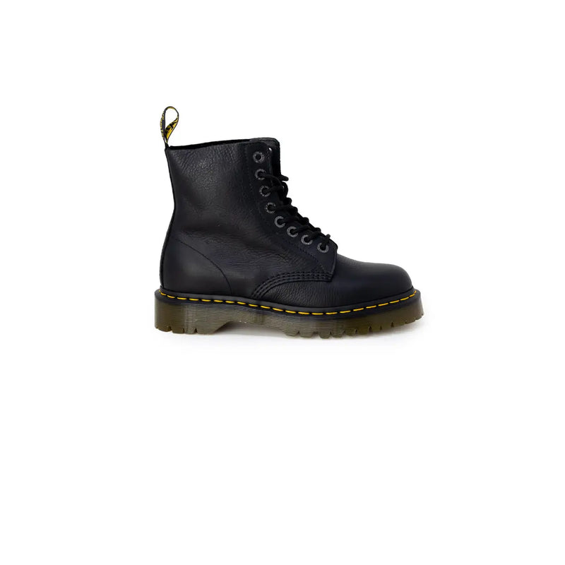 Black leather ankle boots for women by dr martens shown from the back side displaying sturdy sole and pull tab