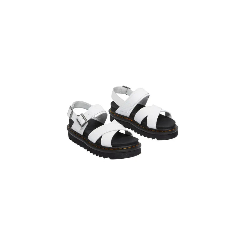 Dr Martens women white leather Voss II sandals with black rubber soles and silver buckle details