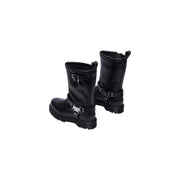 Dr martens women’s black leather motorcycle ankle boots with silver buckle accents and chunky rubber sole