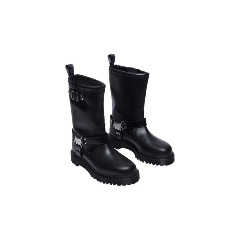 Dr Martens women’s black leather ankle boots with silver buckle accents and chunky textured sole
