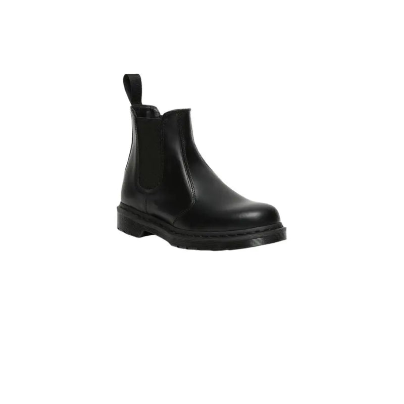Dr Martens women’s black leather chelsea boot with pull tab and chunky rubber sole shown from back side