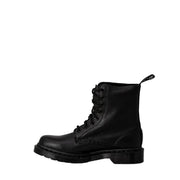 Dr Martens women’s black leather boots shown from the back side highlighting durable leather material