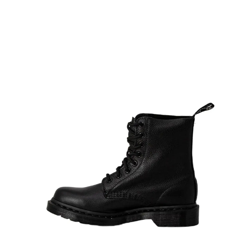 Dr Martens women’s black leather boots shown from the back side highlighting durable leather material
