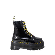 Dr martens women’s black patent leather lace-up boots showing the back side of the footwear