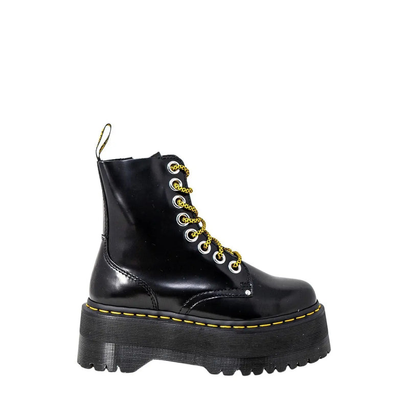 Dr martens women’s black patent leather lace-up boots showing the back side of the footwear