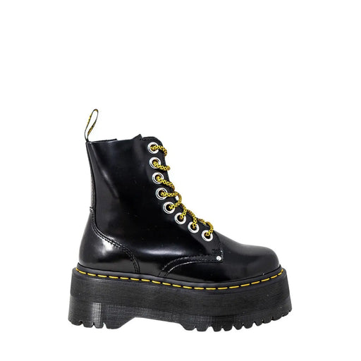 Dr martens women’s black patent leather lace-up boots showing the back side of the footwear