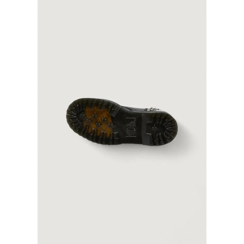 Dr Martens women black leather lace up boots showing the back side with durable leather material and classic design