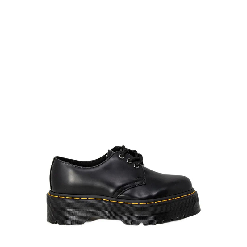 Dr Martens women’s black leather platform lace up shoes with yellow stitching and chunky sole