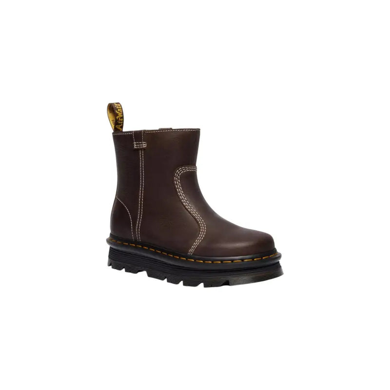 Dr Martens women’s brown leather ankle boots with dark brown leather, white stitching, and black rubber sole