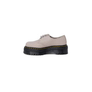Dr Martens women’s grey leather slip-on shoes with beige leather lace-up platform and black sole with yellow stitching