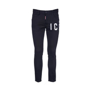 Dsquared Jean slim pour homme noir avec inscription blanche sur la cuisse et étiquette rouge à la ceinture, vue de face