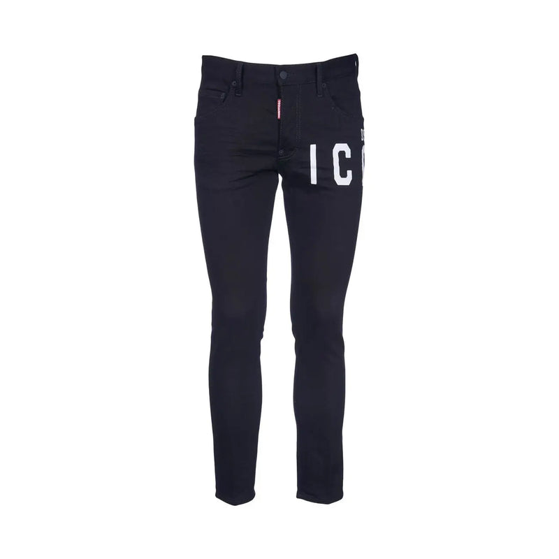 Dsquared Jean slim pour homme noir avec inscription blanche sur la cuisse et étiquette rouge à la ceinture, vue de face