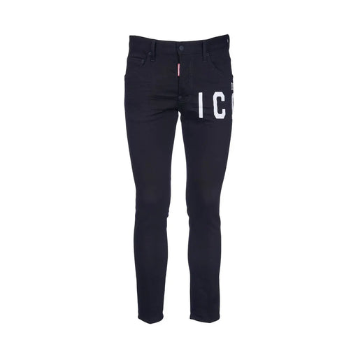 Dsquared Jean slim pour homme noir avec inscription blanche sur la cuisse et étiquette rouge à la ceinture, vue de face