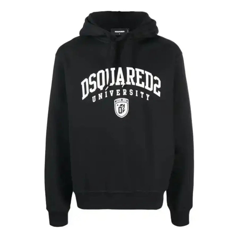 Dsquared Sweat-shirt à capuche noir en coton pour homme, orné d'un lettrage universitaire blanc en arc de cercle et d'un logo en forme de blason.