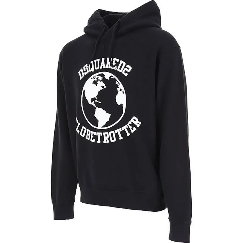 Dsquared Sweat à capuche noir en coton pour homme avec imprimé globe terrestre blanc et inscription « dsquared2 globetrotter » sur le devant