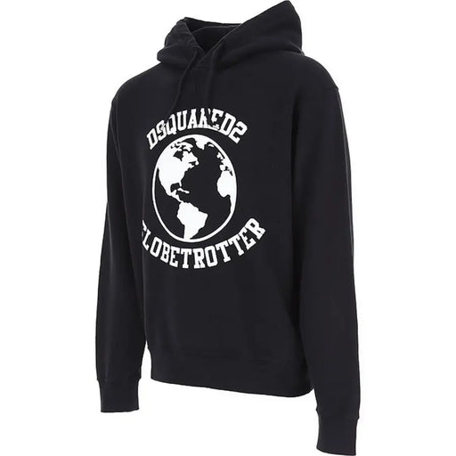 Dsquared Sweat à capuche noir en coton pour homme avec imprimé globe terrestre blanc et inscription « dsquared2 globetrotter » sur le devant