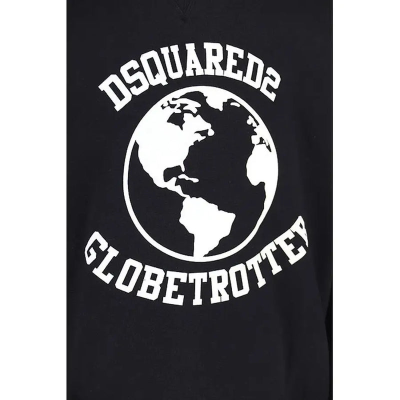 Dsquared Sweat-shirt à capuche noir en coton pour homme, orné d'un imprimé globe terrestre blanc et de l'inscription « globe-trotteur » sur le devant.