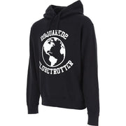 Dsquared men black cotton hoodie with bold white globe print and dsquared2 globetrotter text on front