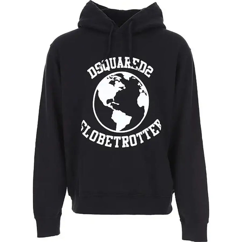 Dsquared Sweat-shirt à capuche noir en coton pour homme, orné d'un imprimé globe terrestre blanc et de l'inscription « Globetrotter » au dos.