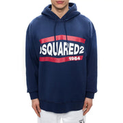Navy blue Dsquared2 cotton hooded sweatshirt with bold red and white logo across the chest for men