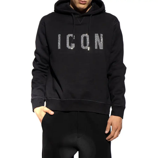 Dsquared Sweat à capuche en coton noir pour homme icon Inscription en strass scintillants sur la poitrine et le col rond