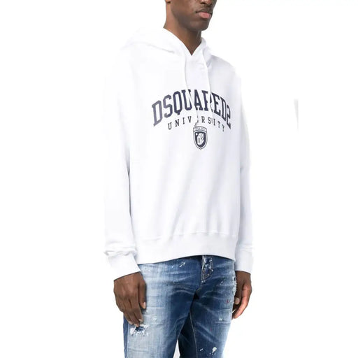 Sweat à capuche blanc en coton dsquared2 pour homme, avec inscription et logo dsquared2 University bleu marine sur le devant