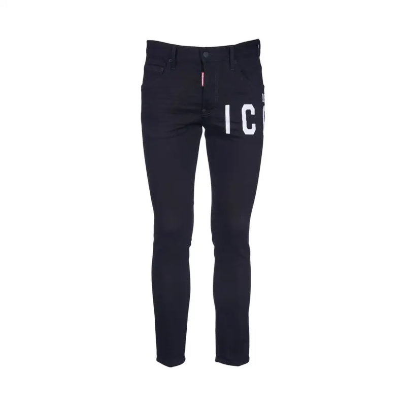 Noir slim fit Dsquared Jean homme avec inscription blanche audacieuse et étiquette rouge à la taille, idéal pour l'automne et l'hiver (B44373)
