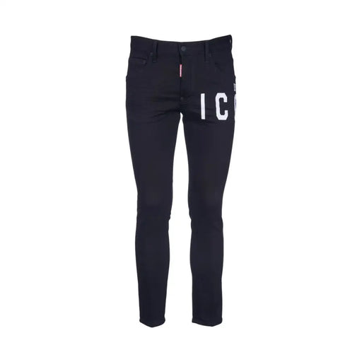 Noir slim fit Dsquared Jean homme avec inscription blanche audacieuse et étiquette rouge à la taille, idéal pour l'automne et l'hiver (B44373)