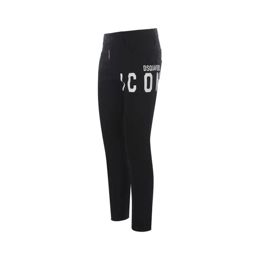Jean noir Dsquared2 avec des détails blancs audacieux icon Inscription sur la cuisse avec fermeture éclair et bouton pour automne-hiver