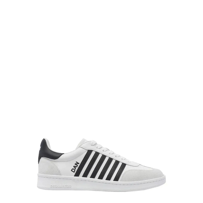 Baskets slip sport en cuir blanc dsquared2 pour homme, avec bandes noires et languette noire au talon, vues de l'arrière