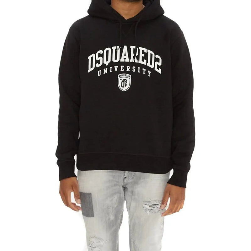 Dsquared Sweat-shirt à capuche noir en coton pour homme, orné du logo Dsquared2 University Arch blanc et d'un emblème en forme de bouclier sur le devant.