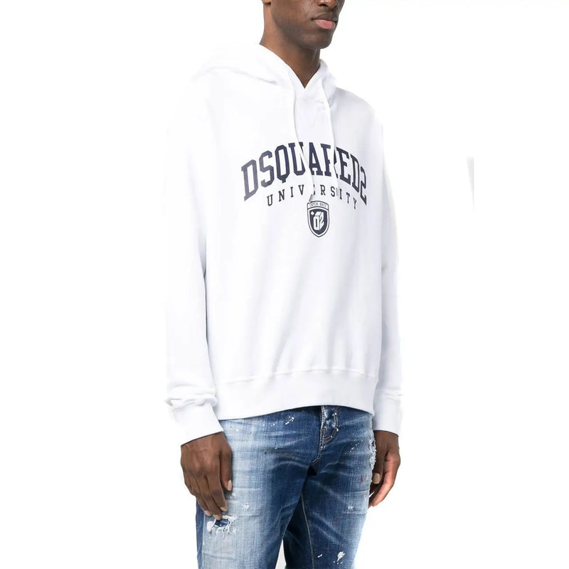 Dsquared Sweat-shirt à capuche blanc en coton pour homme, avec inscription et logo Dsquared2 University bleu marine sur le devant.