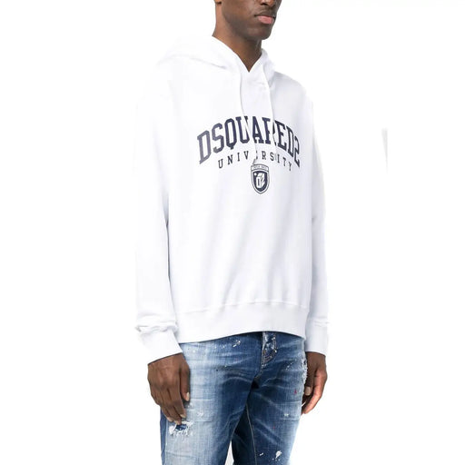 Dsquared Sweat-shirt à capuche blanc en coton pour homme, avec inscription et logo Dsquared2 University bleu marine sur le devant.